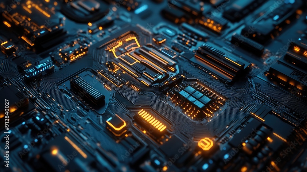 Poster abstract tech circuitry with metallic textures, sleek design