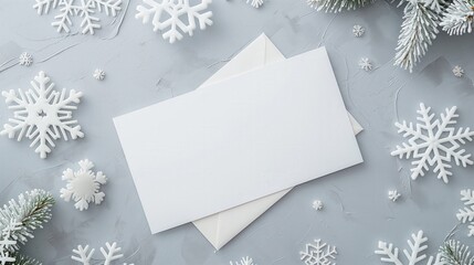 Blank white invitation card with envelope on snowy background with snowflakes and pine branches