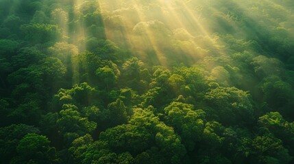 Obraz premium Sunlight filtering through dense green forest trees from aerial view of lush jungle canopy