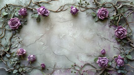 Lavender roses framing a textured background with green leaves