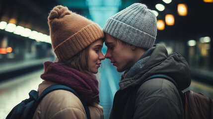 Young Couple Sharing a Tearful Goodbye at the Train Station