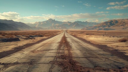 Lonely desert road leading to majestic mountains in midday sunlight