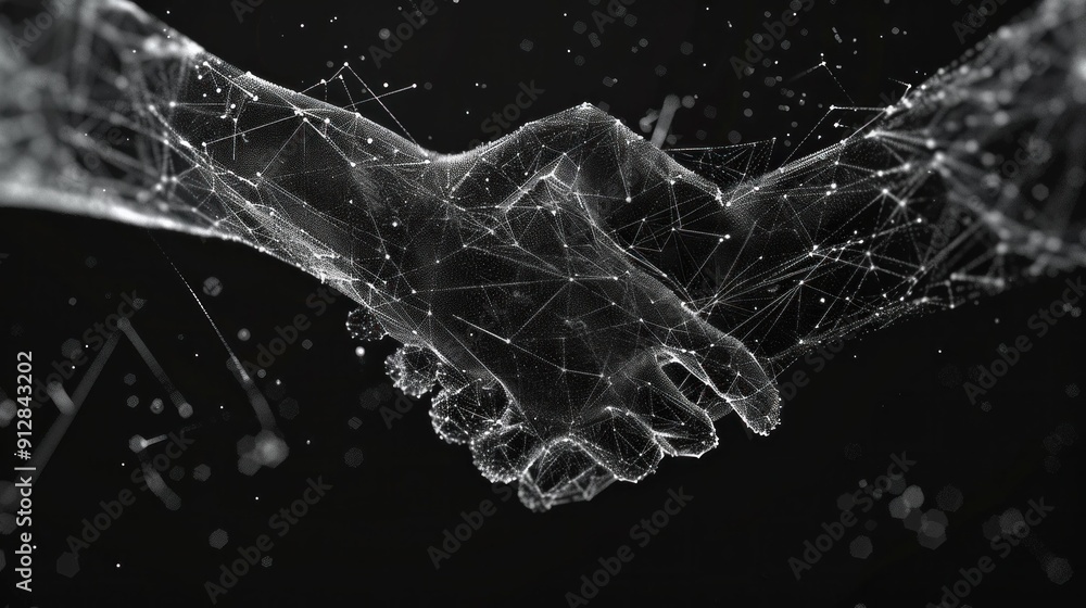 Poster abstract digital handshake representing partnership and collaboration in a futuristic style dark bac