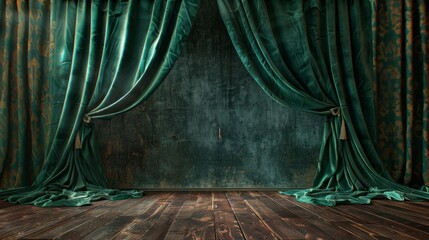 Elegant green curtains open to reveal rustic wooden stage backdrop