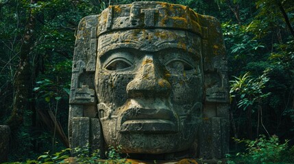 Ancient stone head displayed in lush jungle setting at dusk