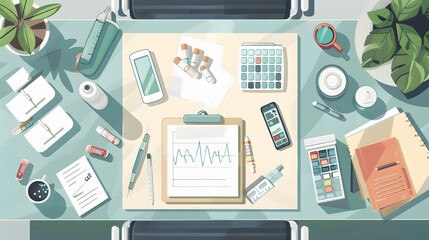 Medical flat design top view laboratory theme cartoon drawing Analogous Color Scheme  design