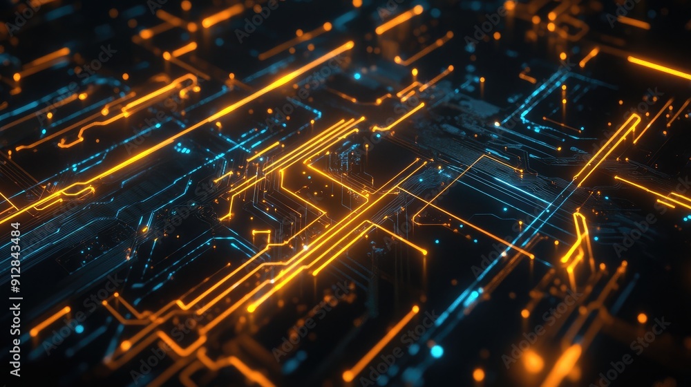 Poster abstract digital circuit board with glowing lines, tech-inspired background