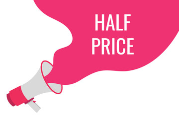 half price button, banner, label, template for website. half price text with colorful megaphone icon
