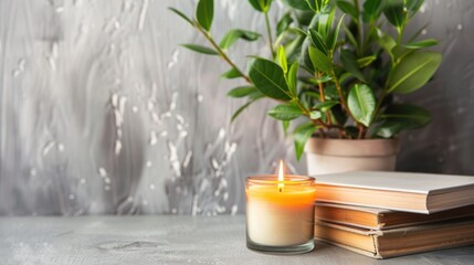 Books lay flat with a stack of books, candle, and plant.