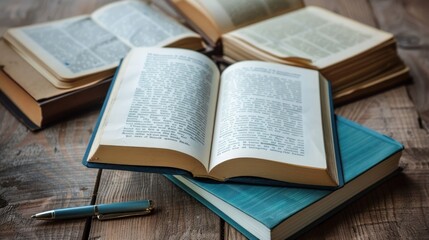 Obraz premium Books lay flat with an open book, pen, and notepad.