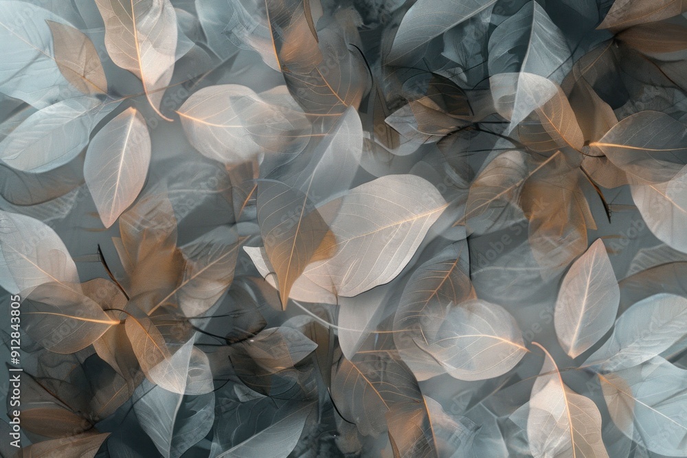 Poster transparent leaves layered on a soft gradient background, creating an ethereal and calming effect