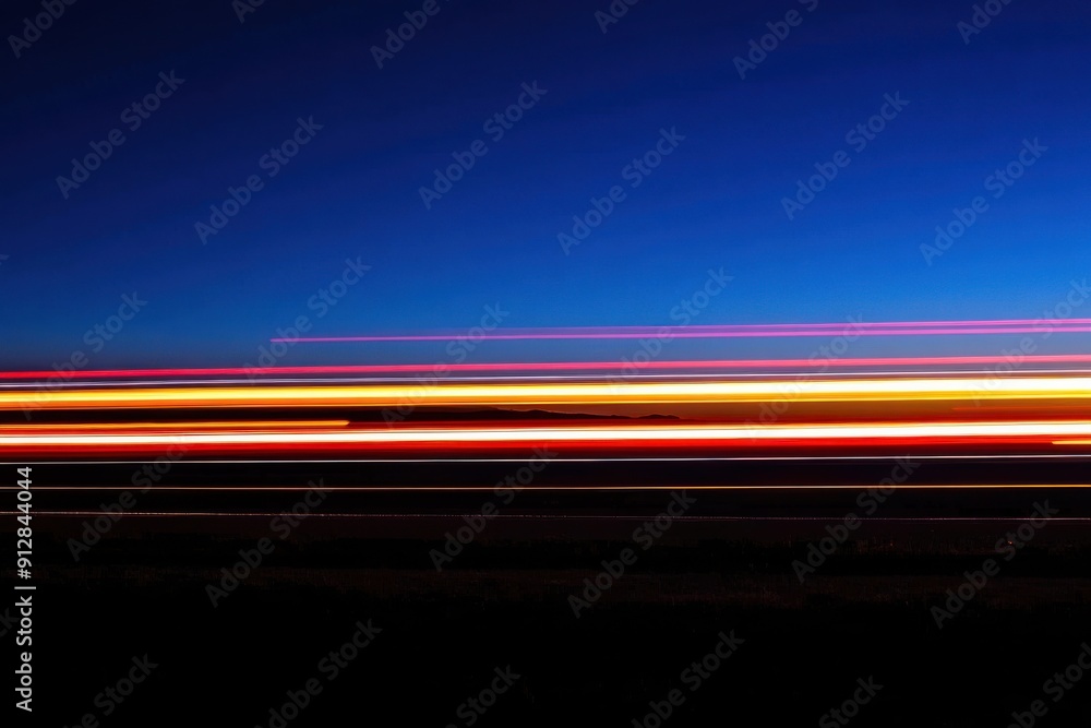 Poster long exposure shot of light trails against a twilight sky, creating a dynamic and colorful streaks.