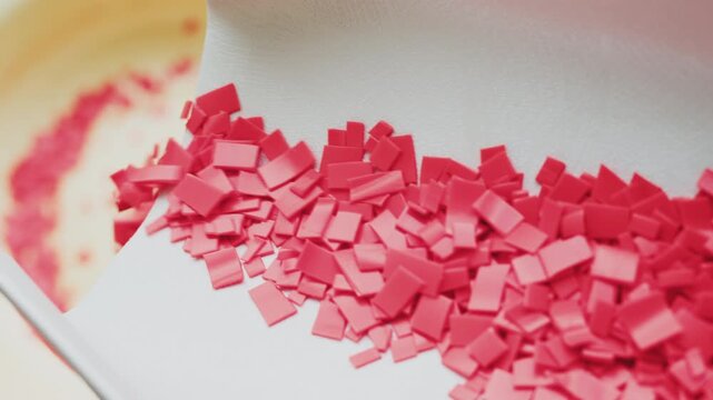 Small pieces of shredded household plastic falling into the container. Close-up.