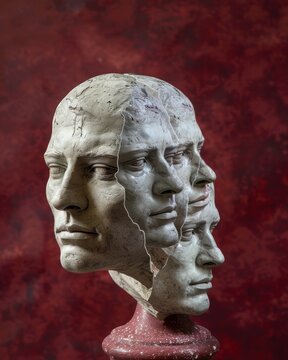 Cracked stone-like sculpture with faces, surreal art.