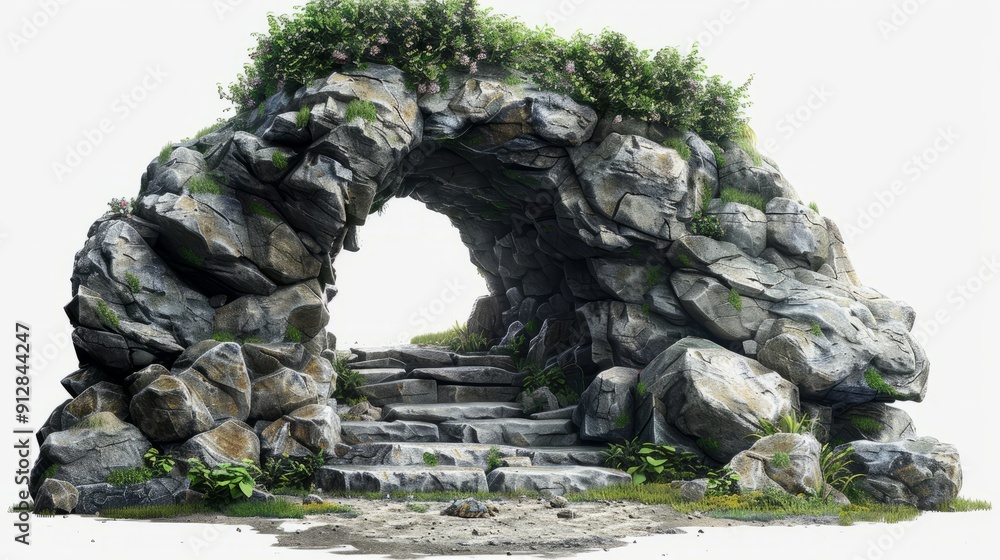 Poster natural rock archway with steps surrounded by lush greenery in a tranquil setting