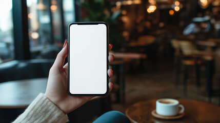 Mockup, woman's hand holding using mobile phone at coffee shop with copy space, white blank screen for text, mobile app design and advertising, online marketing 