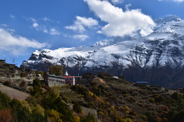 Hiking the Annapurna Circuit among the tallest mountains in the world in Nepal, Himalaya