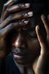 Fototapeta premium A person holding their head because of a severe migrane headache. The person is visibly in a lot of pain