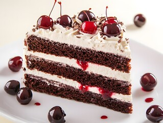 A slice of Black Forest cake with layers of chocolate