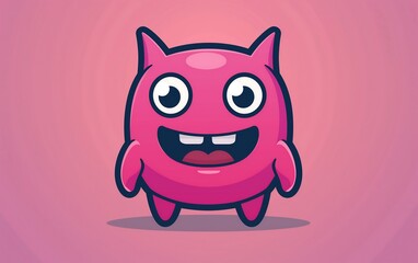 A pink smiling monster face, cute and funny cartoon character logo design with a simple background