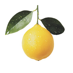 Single Lemon with Dew and Leaf on a White Transparent Background PNG