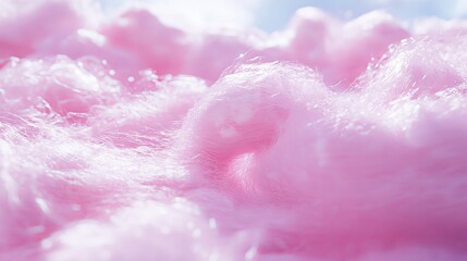 Fototapeta premium Soft and fluffy pink cotton candy against a blue sky, evoking a playful and sweet atmosphere, candy texture background