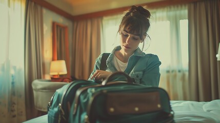 Hotel room.A young woman in a denim jacket thoughtfully unpacks her bag in a cozy hotel room, capturing the essence of travel and adventure. 