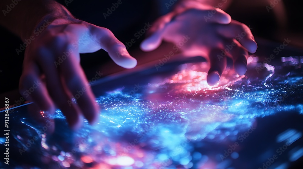 Poster hands interacting with a luminous digital interface