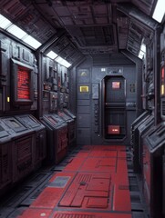Sci-fi interior of a spaceship corridor with advanced technology and control panels