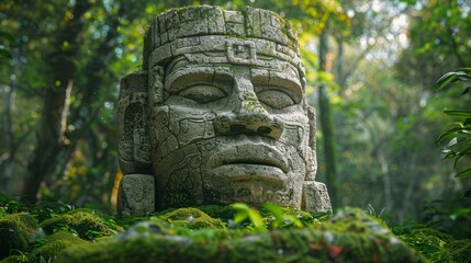 Fototapeta premium Ancient stone carving surrounded by lush greenery in a foggy forest