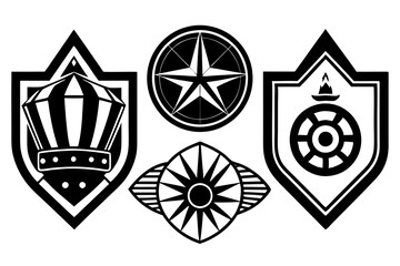 black shield logo icon set,Black heraldic shields, emblematic symbols, logo design, branding, silhouette, knightly, armorial, blazon, escutcheon, safeguard, protection, security, medieval, honor, coat