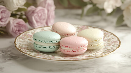 Obraz premium Pastel Macarons Displayed on a Vintage Plate