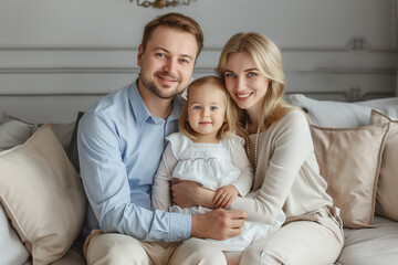 Smiling young parents with their baby girl at home