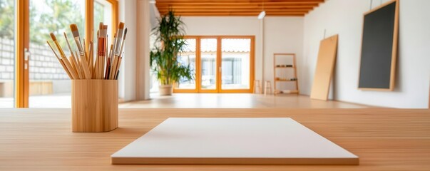 Modern bamboo art studio with natural light and sustainable supplies, creative and ecofriendly