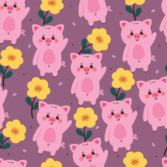 Obraz premium seamless pattern cartoon pig and flower. cute animal wallpaper for fabric print, gift wrap paper