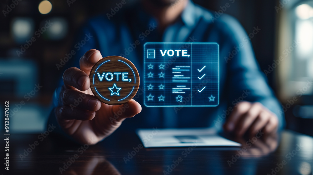 Aufkleber concept of digital voting depicted with a futuristic interface and a vote token. perfect for themes 