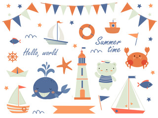 A large set of cute children's elements on the sea theme with ships, a bear and various decor