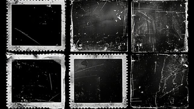 Vintage empty photo frames with scratched edges on a dark background