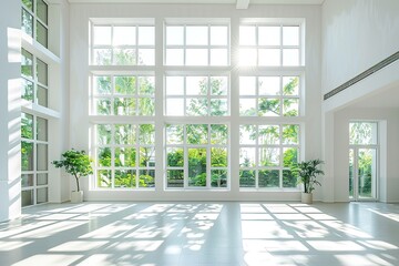 Fototapeta premium Bright sunlit spacious interior with large windows and shadows