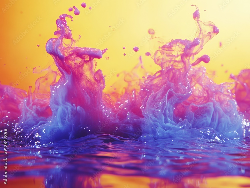 Poster neon ink drops in water, creating a colorful abstract background