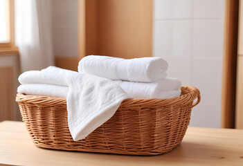 A wicker basket filled with folded mint towels on a wooden surface a bookshelf in the background