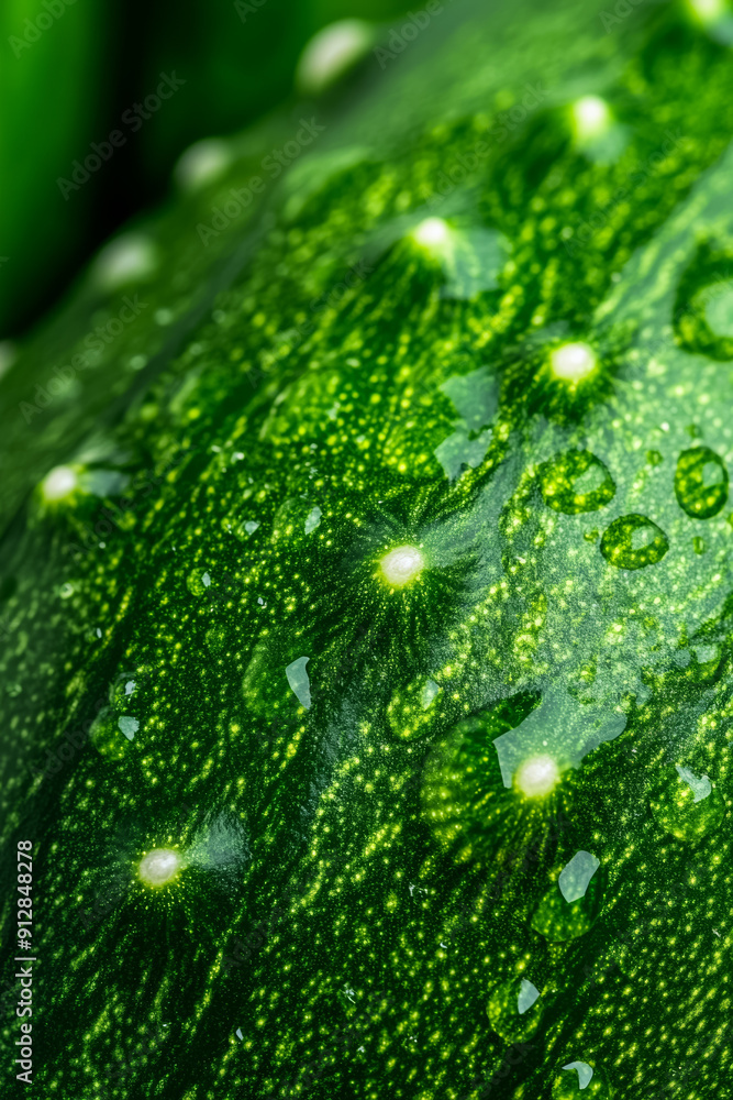 Poster closeup of a cucumbers surface highlighting the dark green skin with bumpy texture and tiny white sp