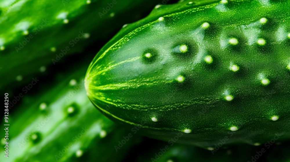 Poster closeup of a cucumbers surface highlighting the dark green skin with bumpy texture and tiny white sp