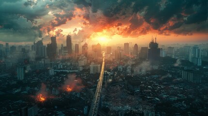 Obraz premium Dramatic sunset over urban cityscape with smoke and fires