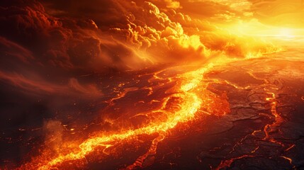 Molten lava flow under dramatic sunset over volcanic landscape