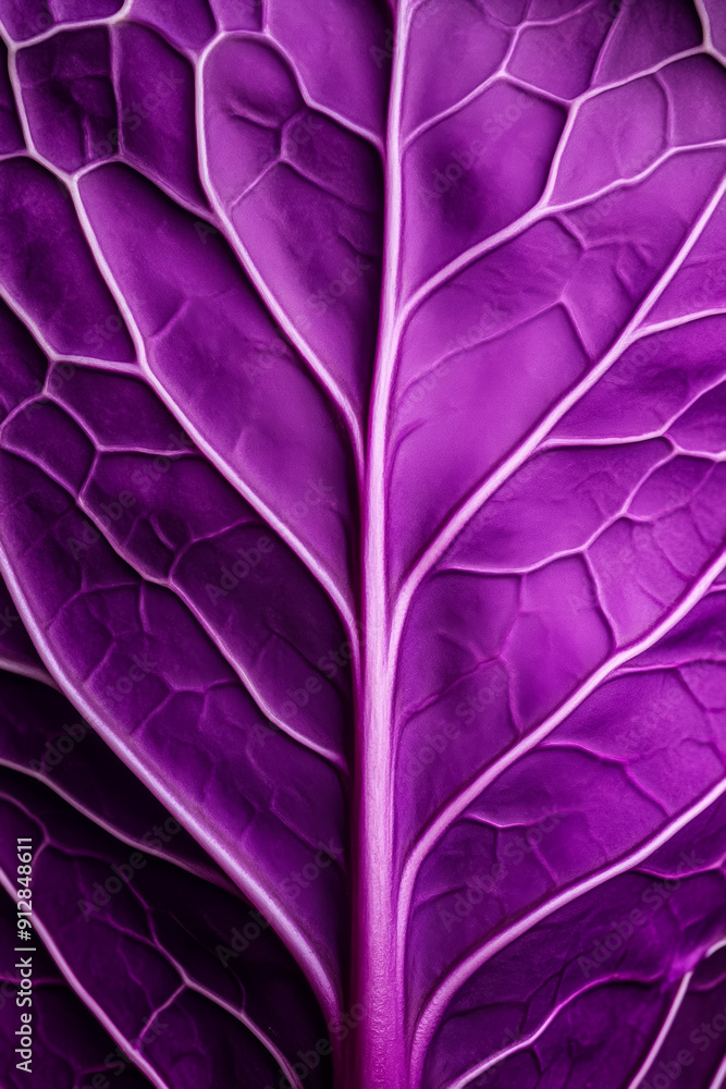 Poster closeup of a red cabbage leaf displaying its deep purple color and intricate veining patterns