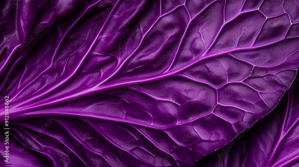 Poster closeup of a red cabbage leaf displaying its deep purple color and intricate veining patterns