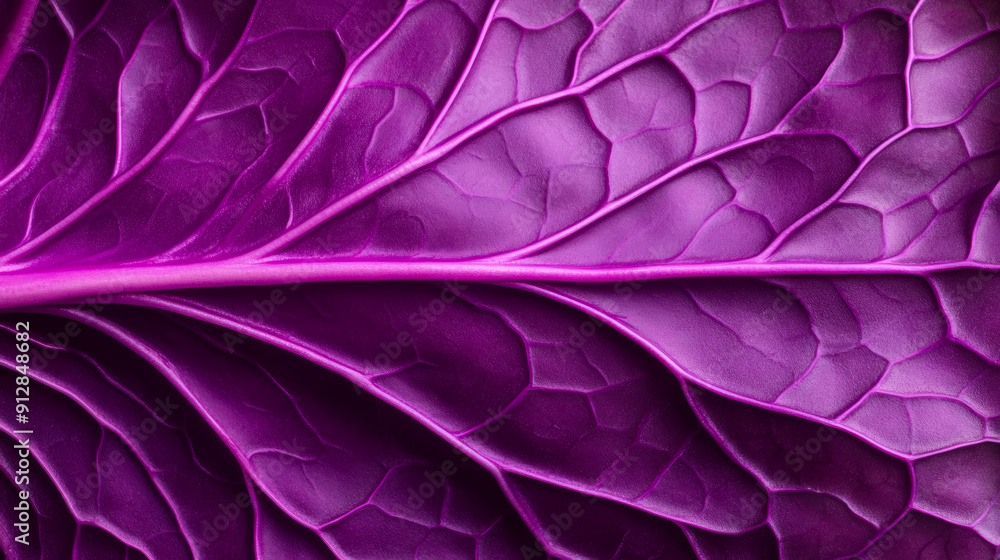 Poster closeup of a red cabbage leaf displaying its deep purple color and intricate veining patterns