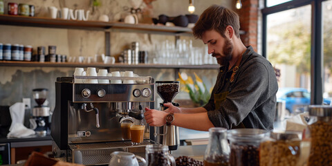 Barista using an espresso machine, expertly pulling a shot of espresso with a rich, golden crema, surrounded by coffee equipment and beans.