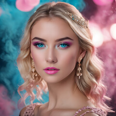 Fototapeta premium Close-up Portrait of a young beautiful women with pink Make-up